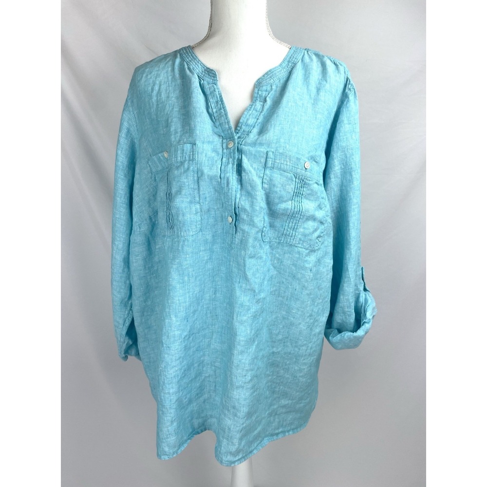 Talbots Top Women 3X Plus Blue Roll Up Sleeves 100% Linen Shirt Missing Button